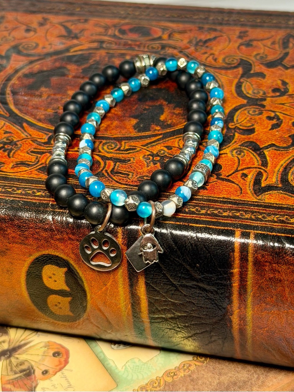 Black & Blue Beaded Stretch Bracelet Set Paw Print & Hamsa Charms